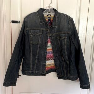 GAP stretch denim jacket, multi-colored yarn knitted lining.